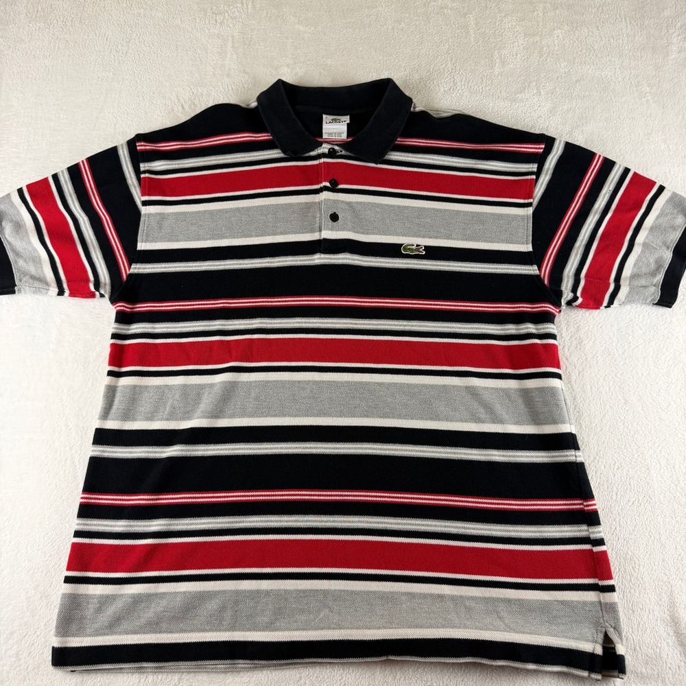 Lacoste Polo Shirt Striped Black Red Grey Men Size 8 XXL Short Sleeve Pique